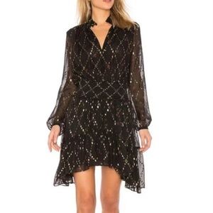 A.L.C. Tula silk blend high split neck gold dot black ruffle dress Sz 0